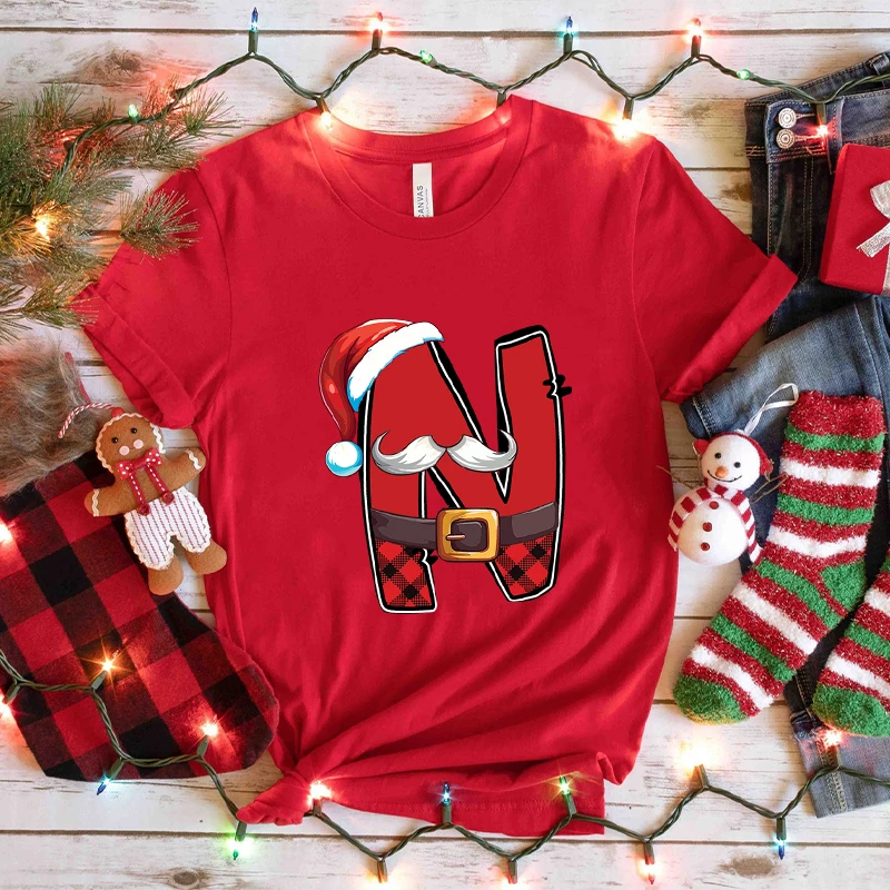 Women’s Xmas Alphabet A-Z Graphic Print T-shirt, Casual Santa Letter Short Sleeve Tee, Holiday Party Fashion Female Clothing