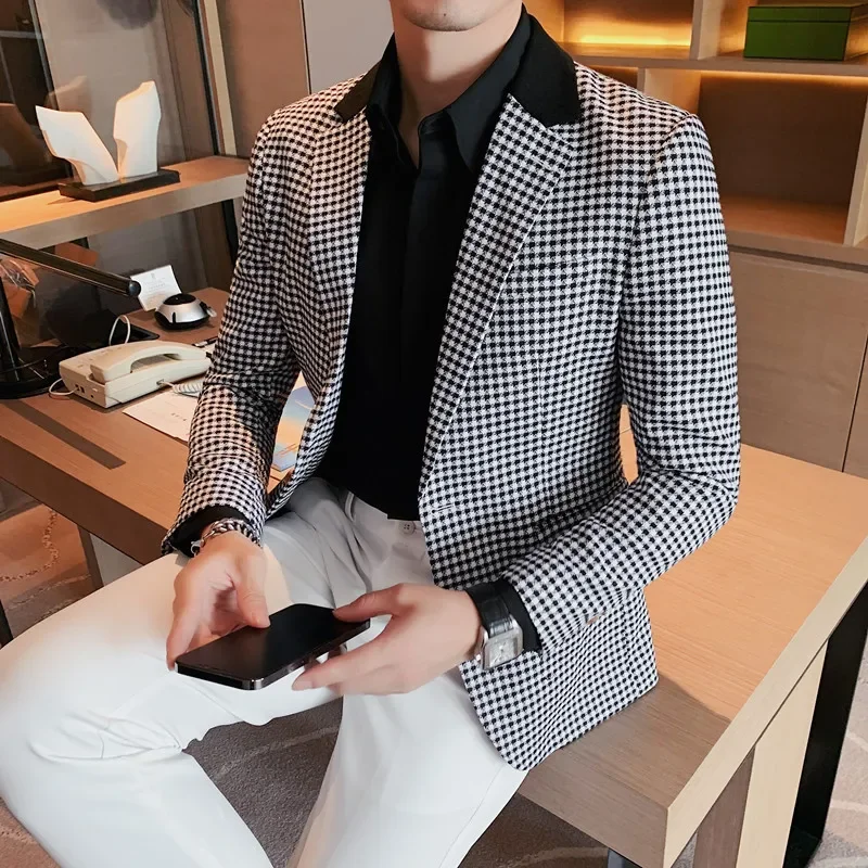 Autumn Winter Korean Version New Thousand Bird Grid Suit Jacket Fashion Color Matching Lapel Design Casual Men Plaid Suit Tuxedo