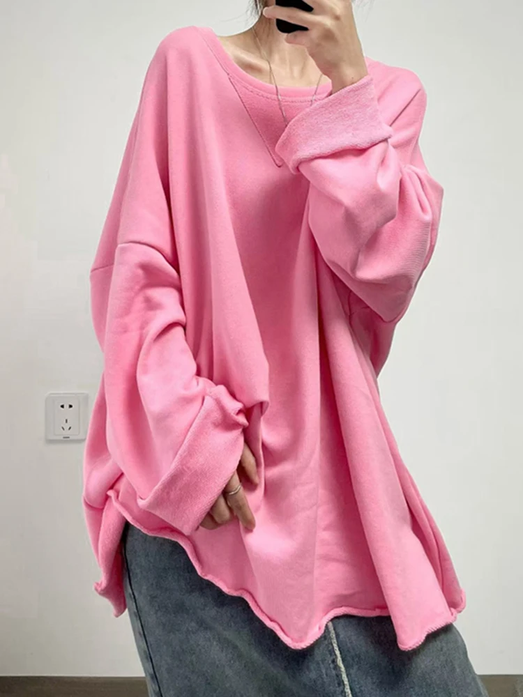 EAM Gray Brief Shaped Long Sweatshirt New Round Neck Long Sleeve Women Big Size Fashion Tide Autumn 2026 30A2866