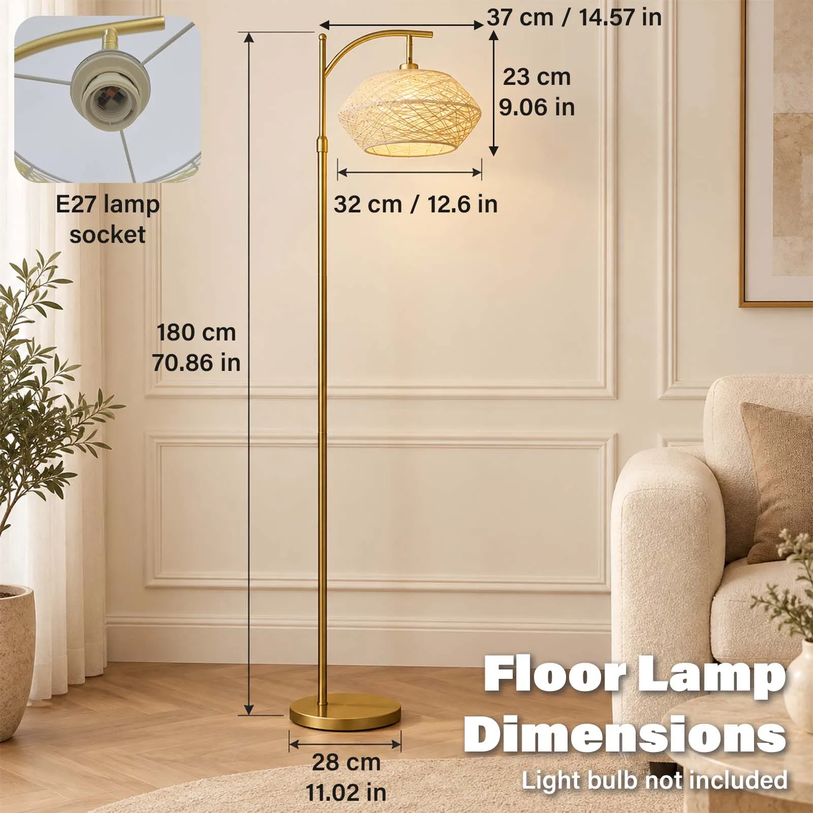 Woven Rattan Floor Lamp, Gold Pole Beige Diamond Shade, Boho Decor Living Room