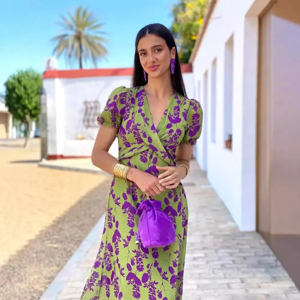 

2025 Bestseller Women's V-Neck Short Sleeve Ruffled Floral Print Dress European American Vintage Casual Trendy Summer Party Cock