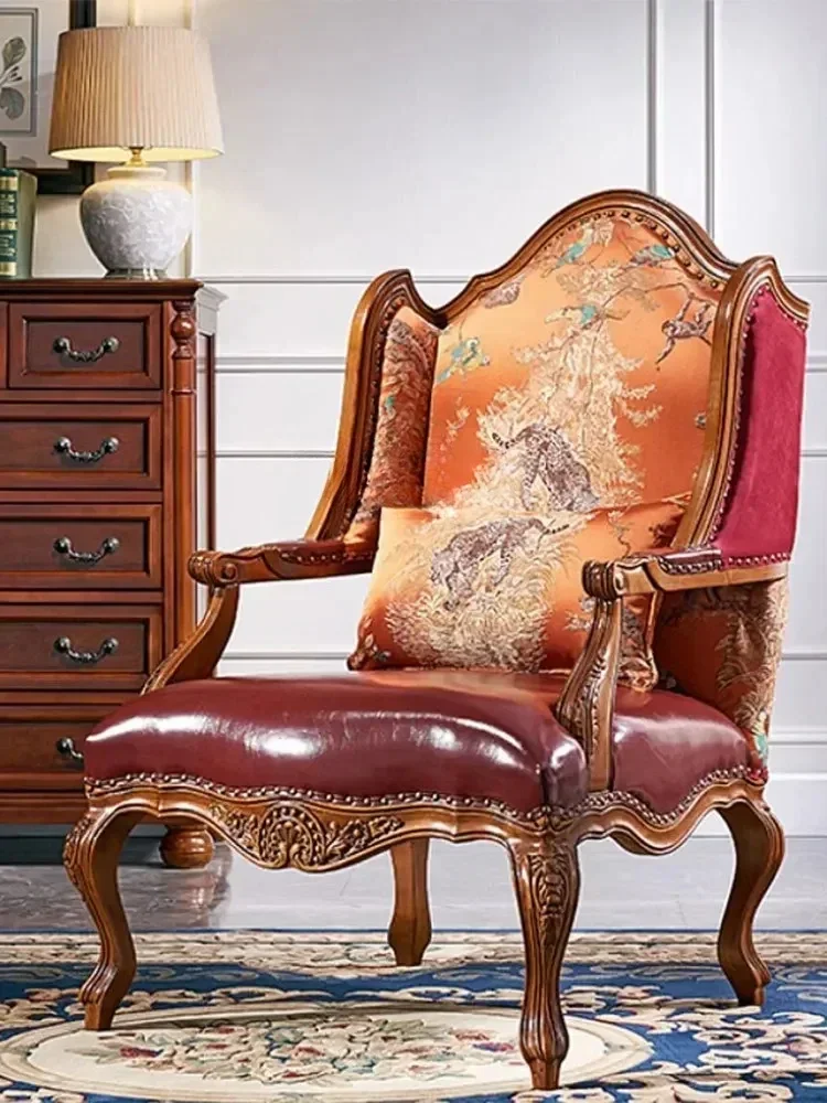 كرسي صالة خشبي على الطراز الأمريكي لغرفة المعيشة كرسي أريكة بمقعد واحد على الطراز الأوروبي كرسي جلدي عالي الظهر #5