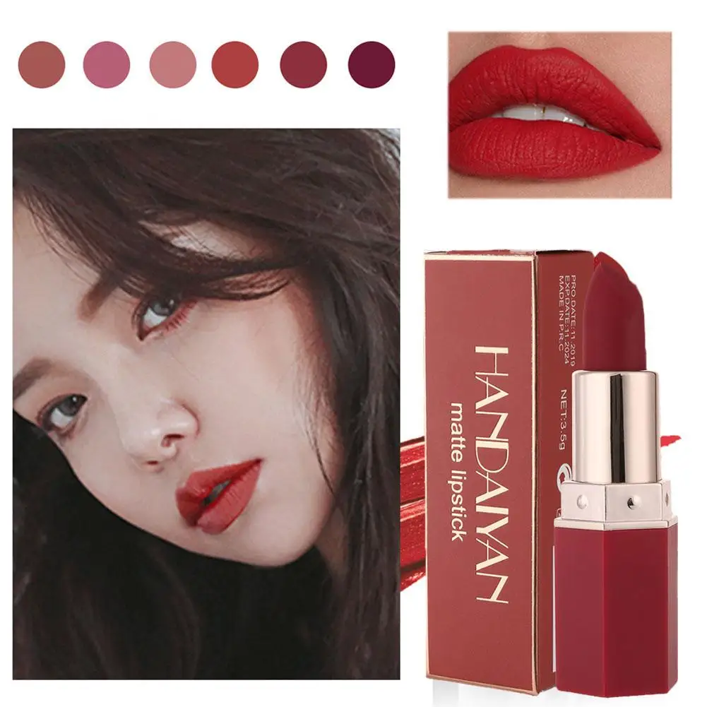 Handaiyan 6 colori Nude Matte Lipstick Waterproof Long Stick Velvet Cup Makeup Sexy Pink Lip Lipstick antiaderente Lasting Re X9t0