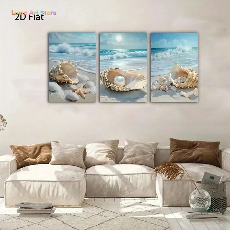 2D Flat, Set of Three Frameless Canvas Prints Featuring a Realistic Blue-Toned Beach Scene Adorned with Seashells, S
