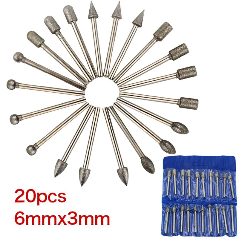 20Pcs Dremel accessori teste di molatura diamantate Mini Set di punte per frese per trapano per accessori per molatura utensili rotanti Dremel gambo