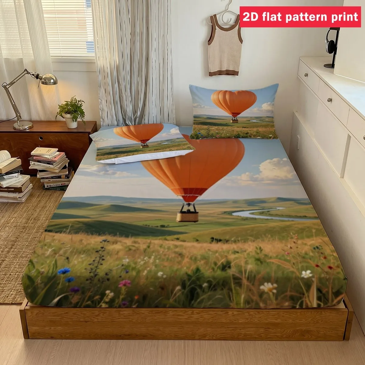 Pastoral Style Heart-Shaped Hot Air Balloon Grassland Flower Landscape Design, Perfect Gift, Three-Piece Bedding Set (Includes 1 Fitted Sheet + 2 Pillowcases), Large Capacity Deep Bedding Set, Fitted Sheet Style, Elastic Cover, Mattress Protector, Fitted Sheet Type, Machine Washable Design, Holiday Decoration, Various Sizes, Breathable Protector with Pillowcase