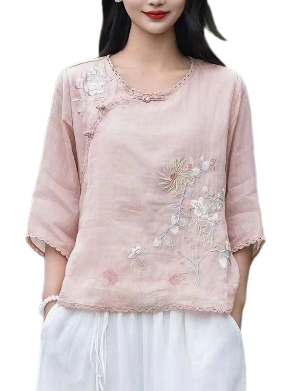 2025年夏新作 レディース 刺繍入り コットンリネン イルト 重工業風 中国禅 スレ 斜めフラップボタン ルーズフィットトップ