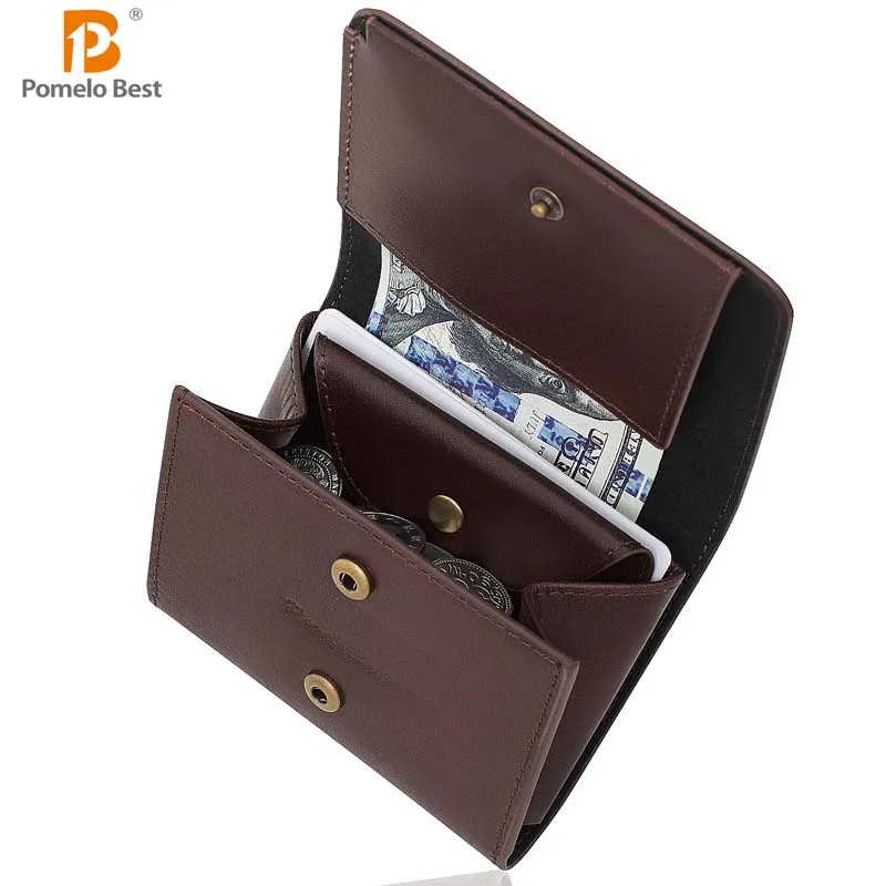 

Portable Men's Small Wallet Made of Fine Grain Leather Vintage Genuine Leather Mini Wallet with Coin Compartment and Press Stud