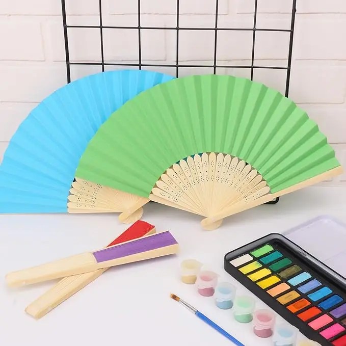 Handheld Folding Paper Fan Bamboo Ribs Blank Solid Color DIY Painting Portable Wedding Party Decor Craft Fan for Women Kids