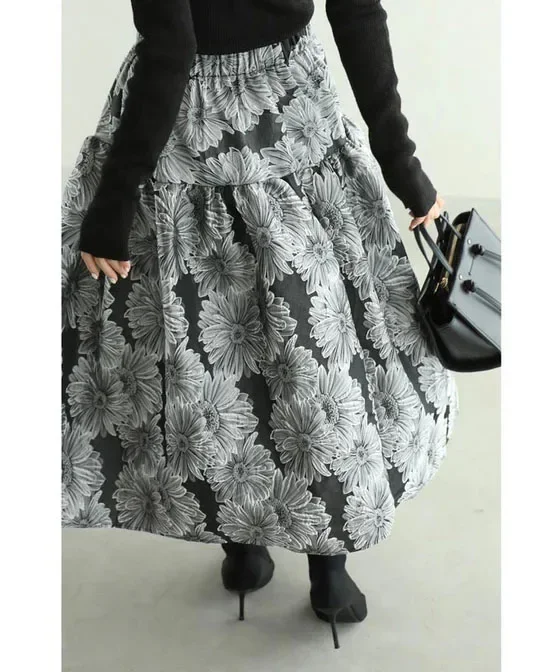 2024 Autumn Faldas Mujer De Moda Jacquard A-line Women Skirt Vintage Korean Jupe High Waist Big Swing Saia Vintage Loose Skirts