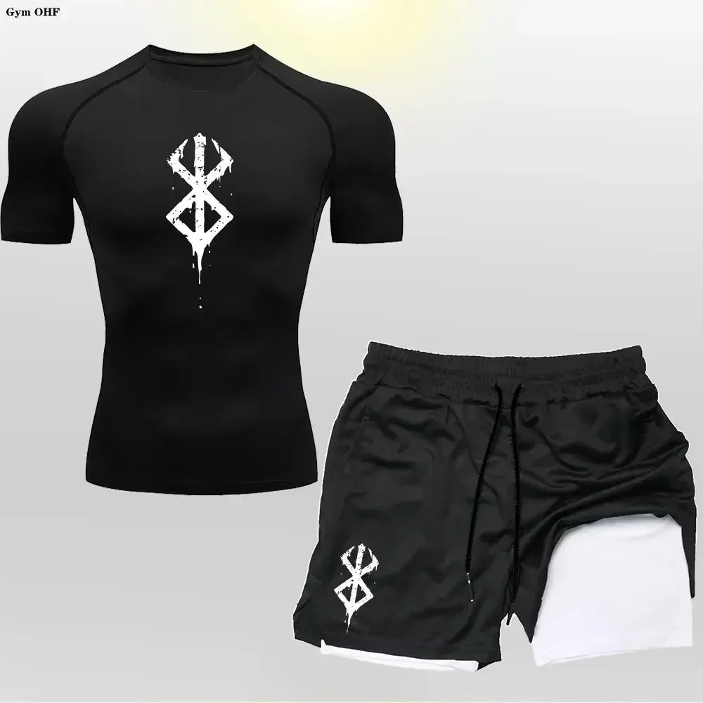 

Anime Mens Cycling Sportswear Quick Dry Tight Fitting Sport 2 In 1 Double-Deck Shorts Men's T Shirt Suit Men Gym Running Trained