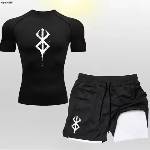 Anime Mens Cycling Sportswear Quick Dry Tight Fitting Sport 2 In 1 Double-Deck Shorts Men's T Shirt Suit Men Gym Running Trained