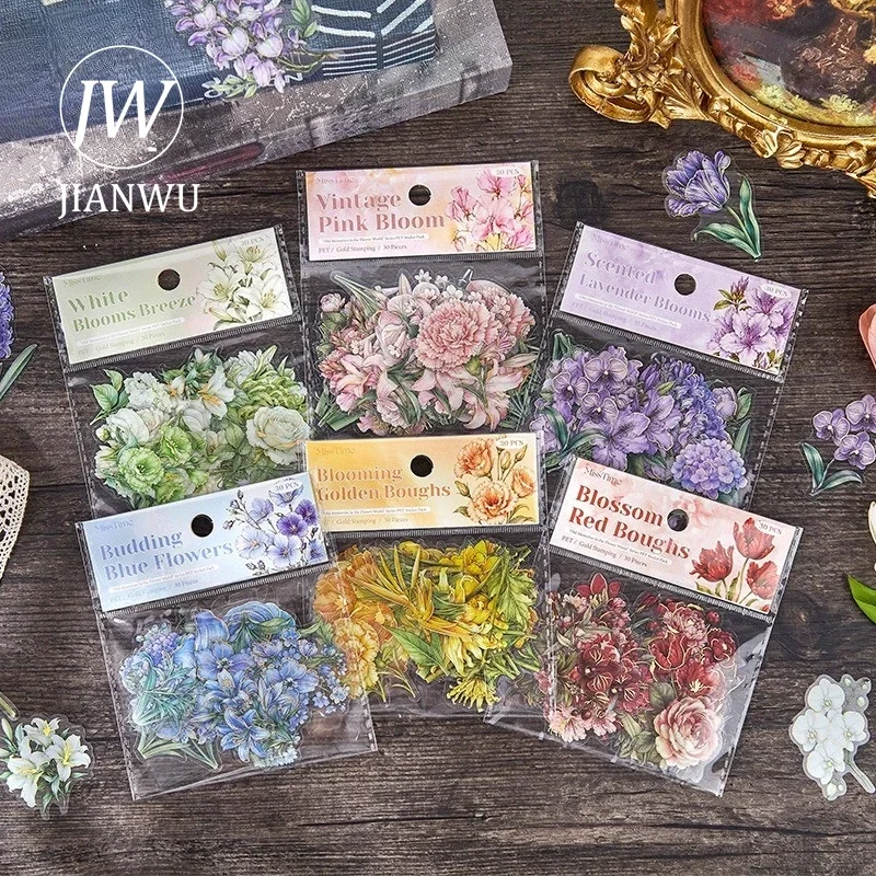 JIANWU Vintage Flower Bloom Bronzing Landscape Material Collage Scrapbooking PET Sticker Creative DIY Journal Stationery view 2