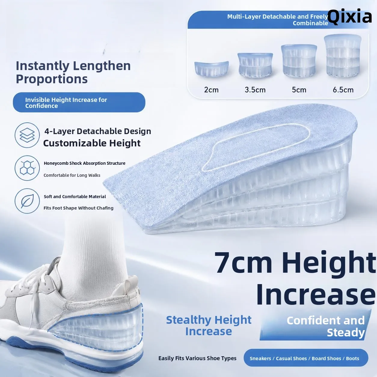 Men's And Women's Thickened Silicone Shoe Inserts for Height Increase Invisible Shock Absorption Comfortable Footwear Accesso...