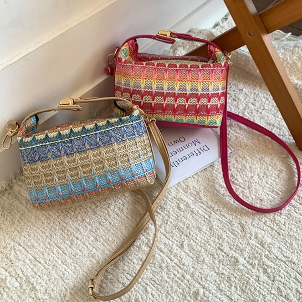 

Casual Ethnic Style Weave Handbag Trendy PU Leather Straw Crossbody Bag Square Leisure Women Shoulder Bag Beach