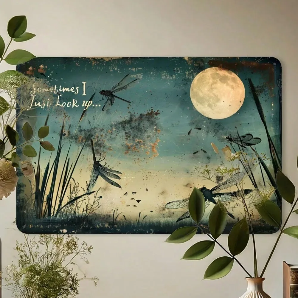 

Vintage Metal Sign with Dragonfly Moon Rustproof Waterproof Wall Art for Home Bar Cafe Garage Decor