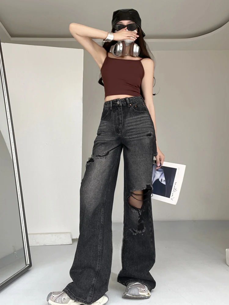 

Retro American High Street Vintage Hole Denim Pants Straight Loose Wide Leg Floor-Length Street Sle Jeans