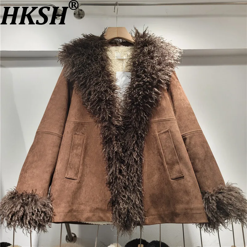 

HKSH 2025 Winter New Women Thickened Jacket Faux Suede Fur Contrast Color Pocket Vintage Streetwear Casual Ins Warm Coat HK13766
