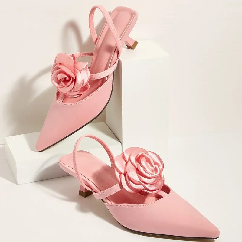 High Quality Low Heel Satin Design Pointy Toe Sandals Women Summer Front Rear Strap Flower Decoration High Heels Women Pumps