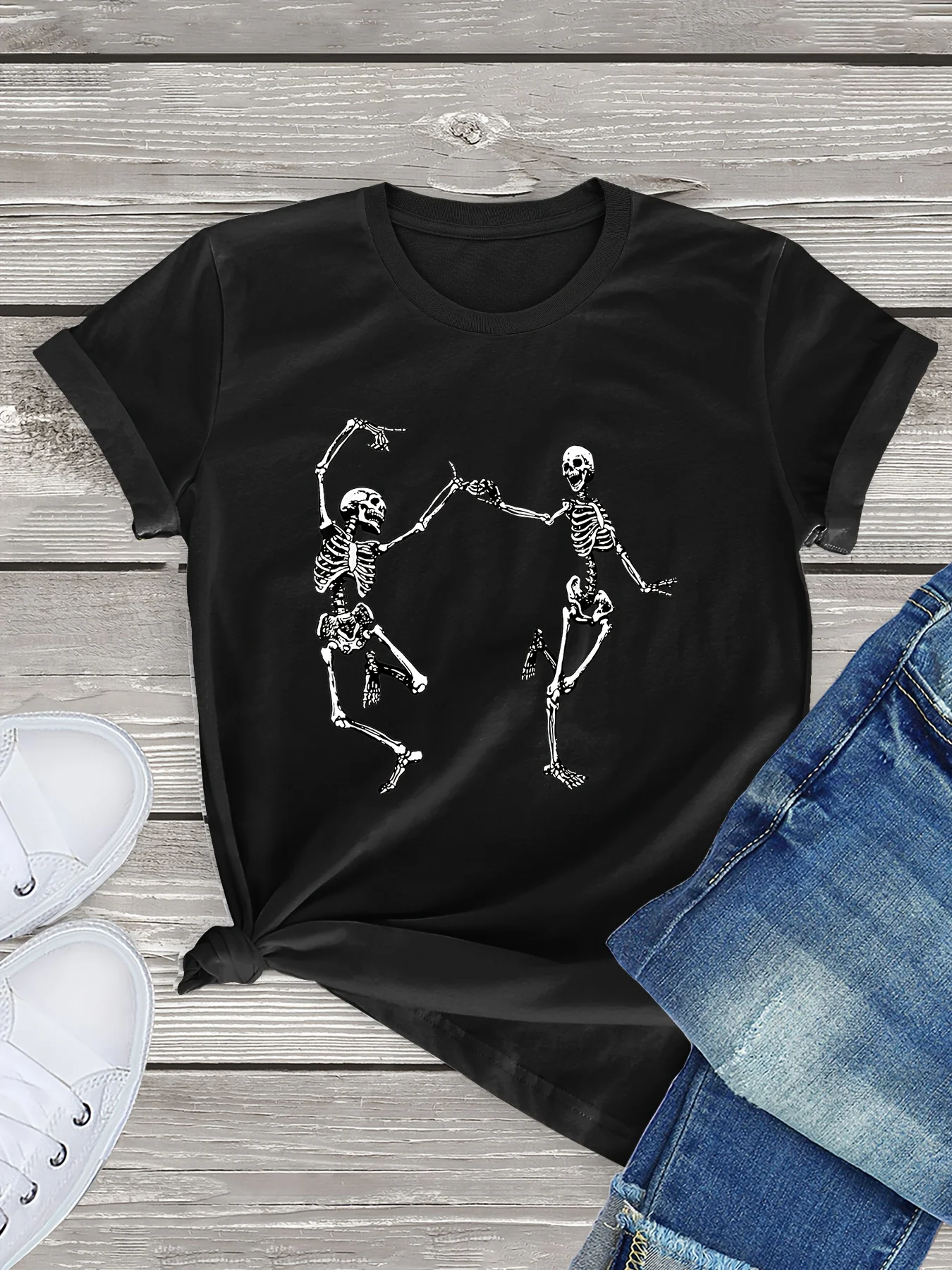 Dancing Skeletons Print T-Shirt, Casual Short Sleeve Top For Spring & Summer, Women\'s Clothing