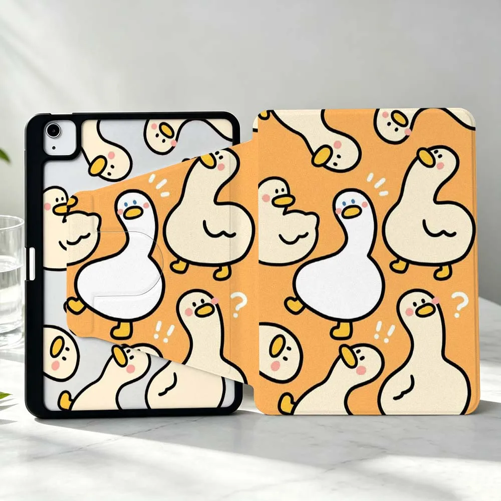 Fun Duck Pattern Soft For iPad Pro Air mini 6 5 4 12th M5 M4 M3 M2 A16 A17Pro 360° Rotation Stylus Storage Tablet Case