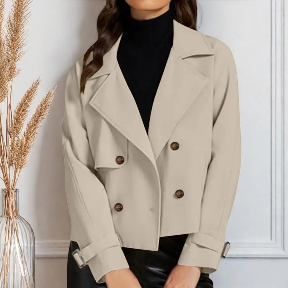 Womens Cropped Trench Coat Casual Long Sleeve Double Breasted Jacket Notched Lapel Short Blazer With Pockets Spring Fall Outwear