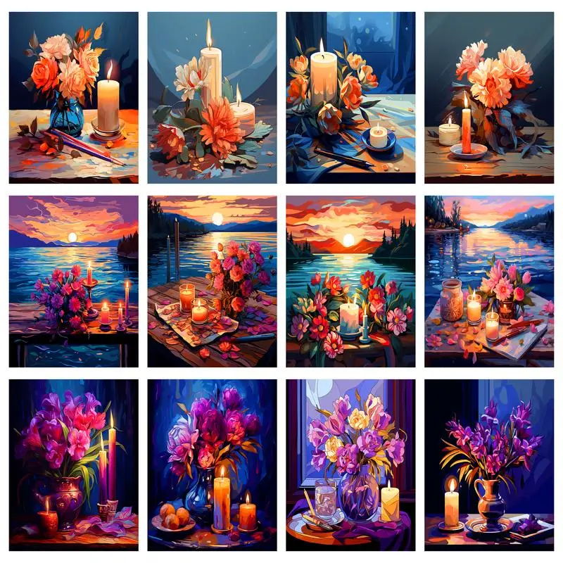 

RUOPOTY Diy Oil Painting By Numbers Decorative Paintings Candle Flower Handicraft Handiwork Art Framed Wall Art Modern Watercolo