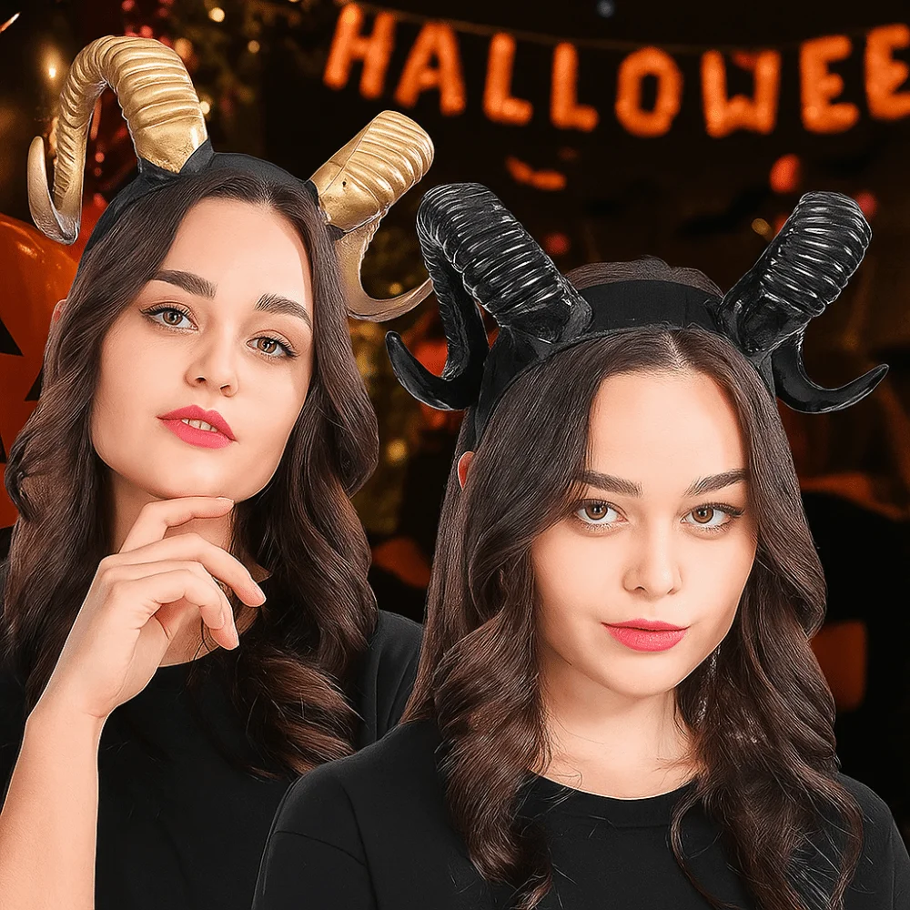 Artificial Black Demon Horn Headwear Gothic Reusable Halloween Devil Headband Realistic Unisex Goat Horn Hair Hoop Adults
