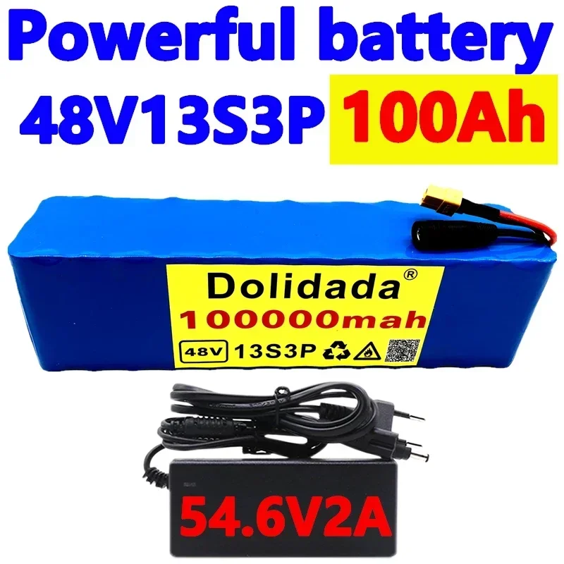 

New 48V100Ah 1000W 13S3P XT60 48V lithium-ion battery pack with 100000mAh, suitable for 54.6V power tools with BMS+charger