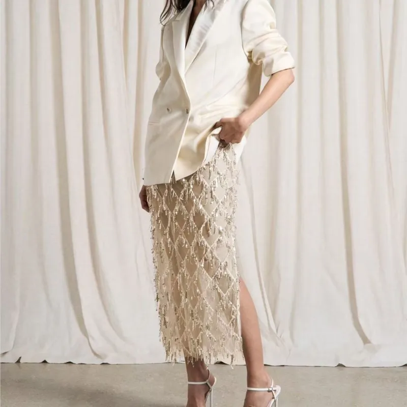 Eleganter Glänzender Paillettenrock mit Transparenten Fransen und Schlitz Frühling Sommer Mode Hochgeschnittener Einfarbiger Sexy Langer Damenrock
