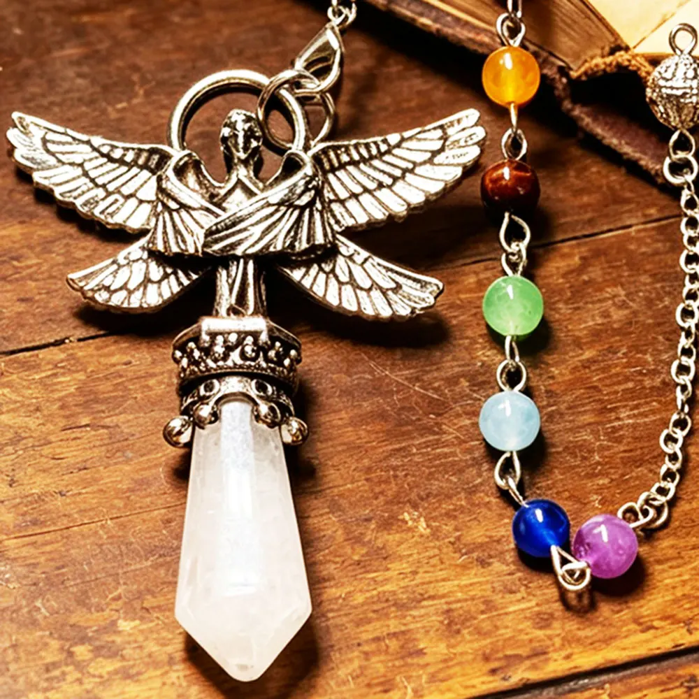 Angel Wing Natural Stone Pendulum for Divination Dowsing Reiki Healing Point Rock Crystal Clear Quartz Pendant Pendulos  x460