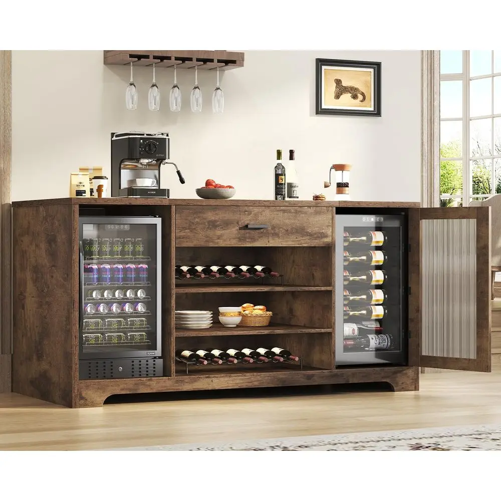 

Large 70.9 Wooden Wine Cabinet with Mini Fridge, Rustic Brown Metal Sideboard for Dining Room