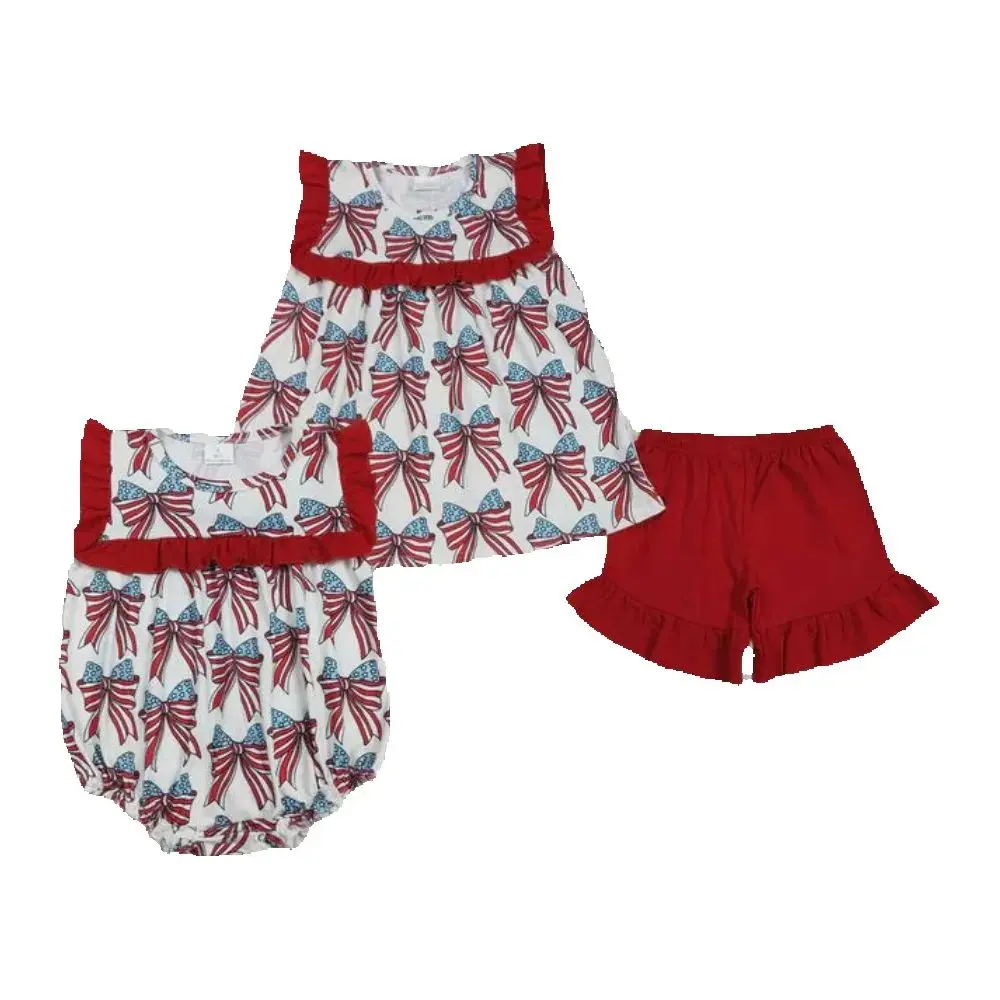 

Baby clothing July 4th Sibling Baby Girls 4th of July Coquette Bows Romper Set Cute Patriotic Outfit for Little Ones