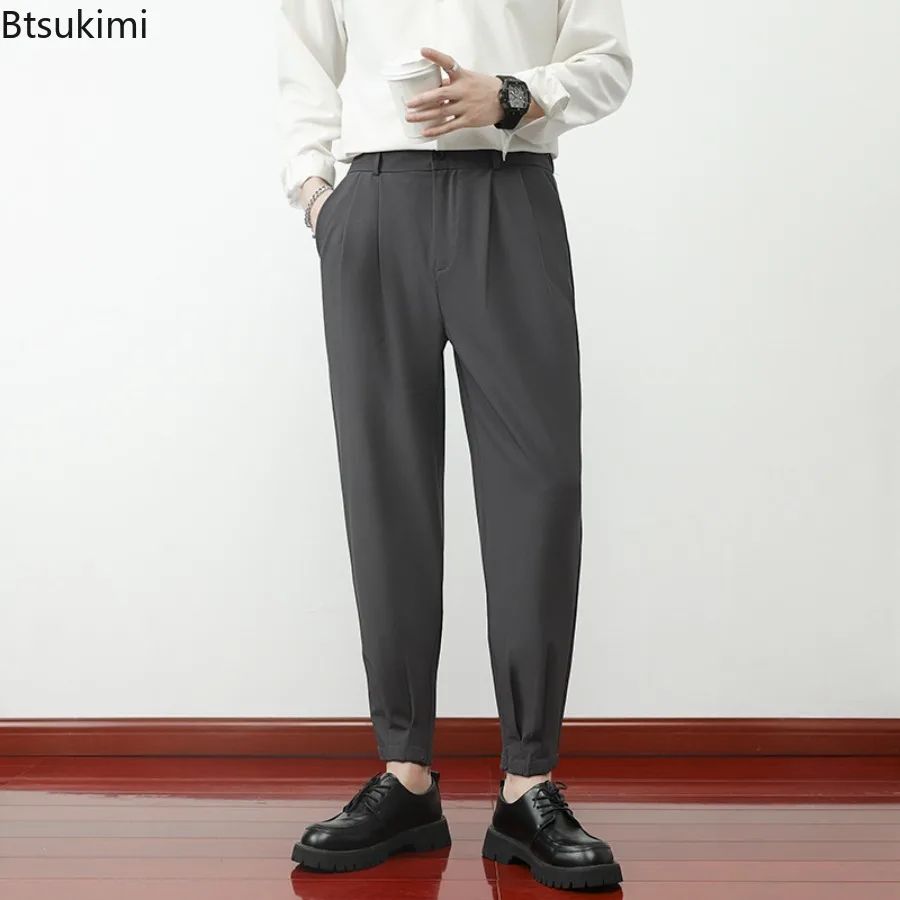 New Fashion Men Solid Casual Pants Elastic Waist Small Feet Slim Trousers Korean Style Pleated Tapered Men Suit Pants Streetwear