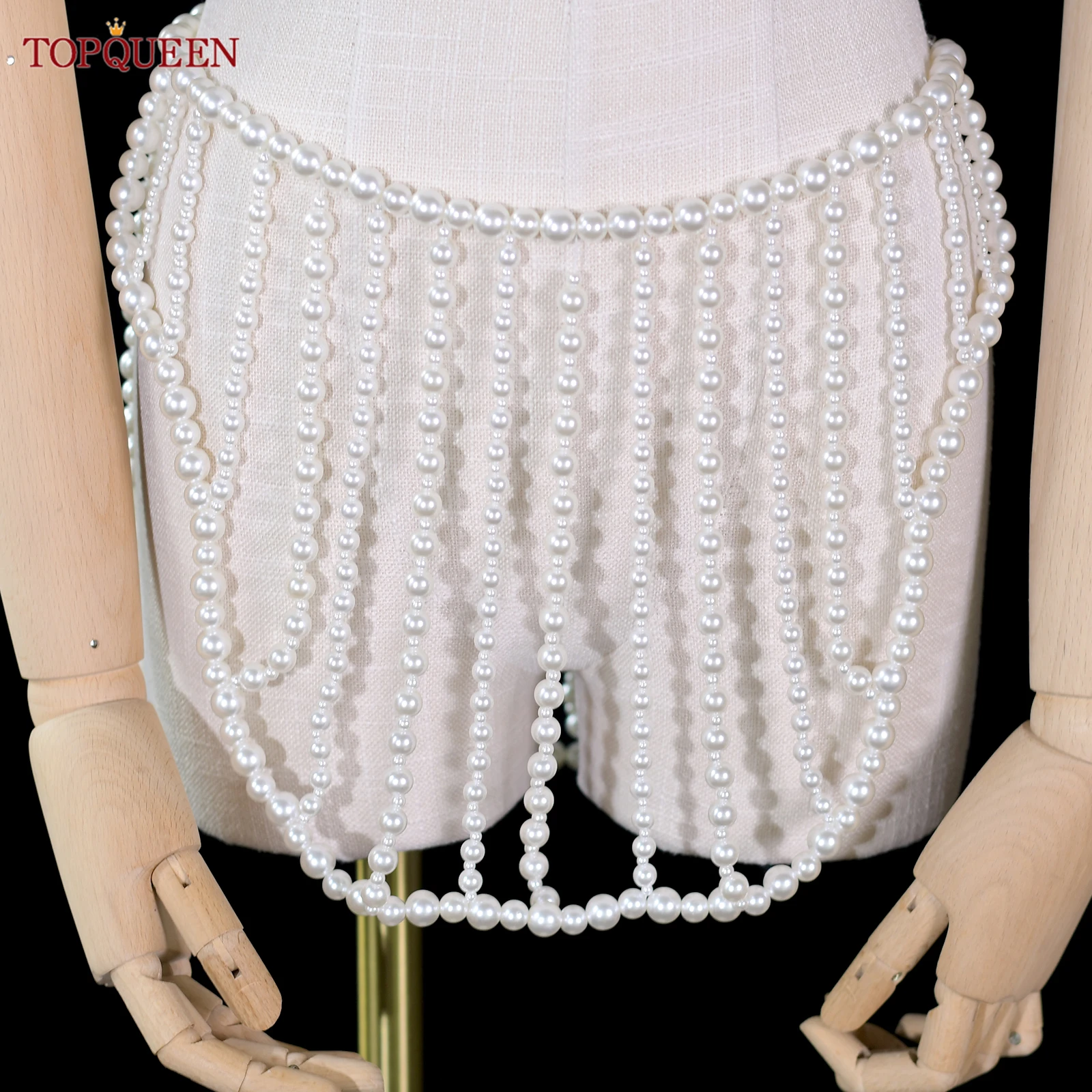 TOPQUEEN Pearl Fringe Style Women's Skirt Short High Waisted Belly Button Chain Sexy Body Accessories Pearl Belt  G108