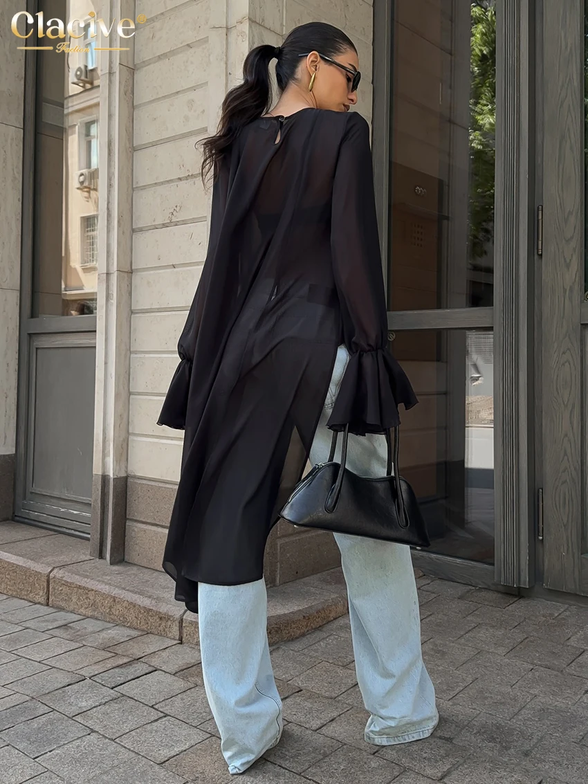 Clacive موضة فضفاضة قميص نسائي أسود 2025 عادية س الرقبة طويلة الأكمام سيدة قميص أنيق كلاسيكي قمة صلب الملابس النسائية
