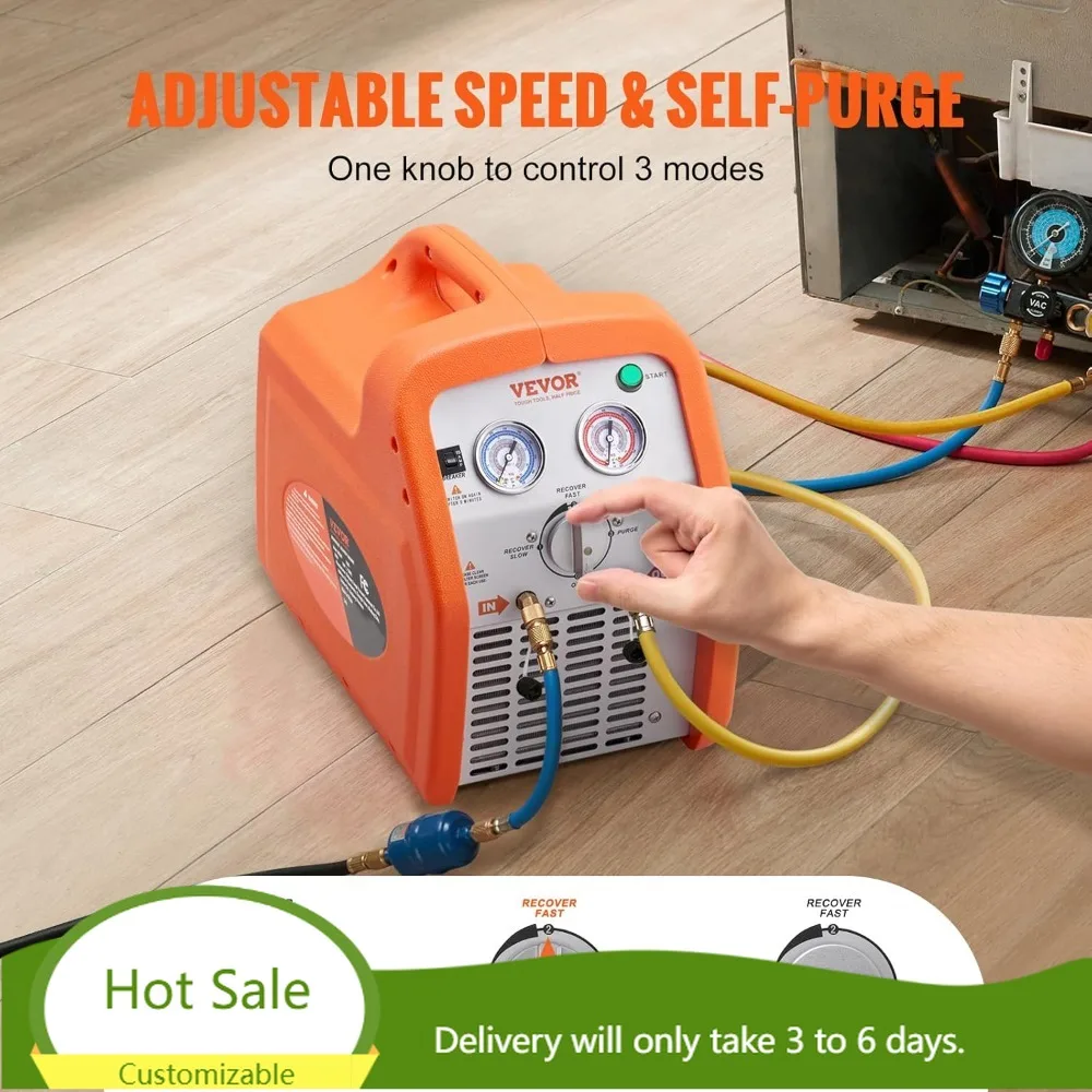 Dual Cylinder Portable AC Refrigerant Recovery Machine with High Pressure Protection, 1 HP, 120V