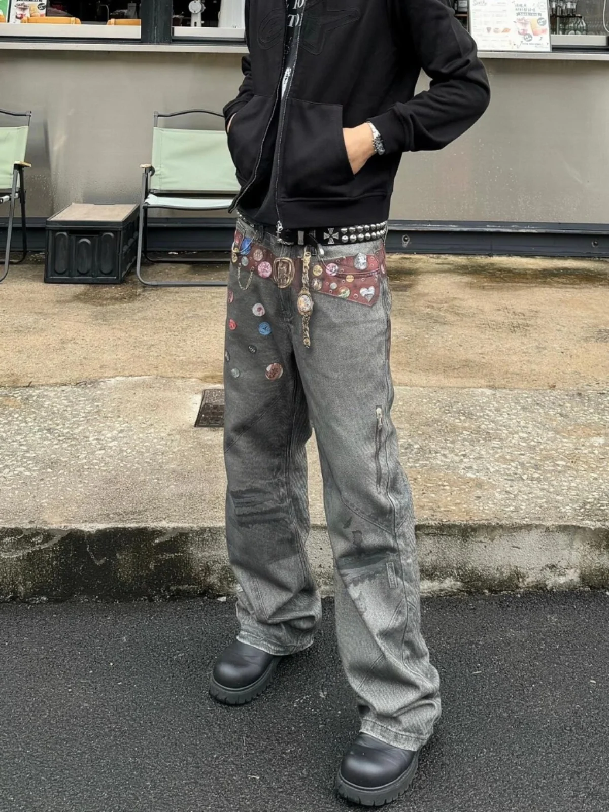 

American High Street Vibe Loose Fit 3D Print Belted Men's Jeans Retro Straight Leg Wide Leg Pants Casual Trendy Denim