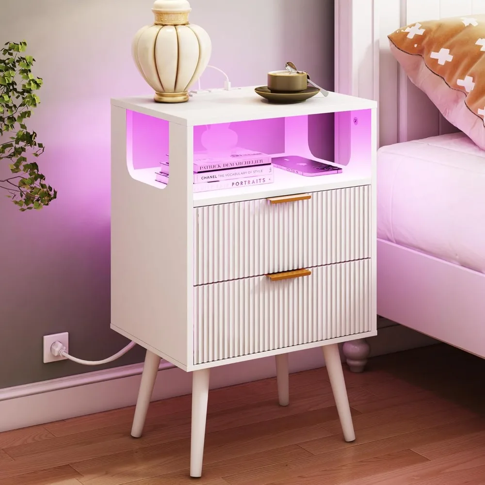 

Nightstand with Charging Station and LED Lights,Modern Bedside Table with 2 Storage Drawer and Open Wood Shelf