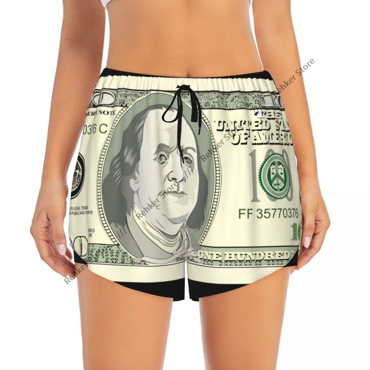 ワークアウトショーツ女性フィットネス速乾性二重層ショーツ百ドルプリントアスレチックヨガショートパンツジムレギンス