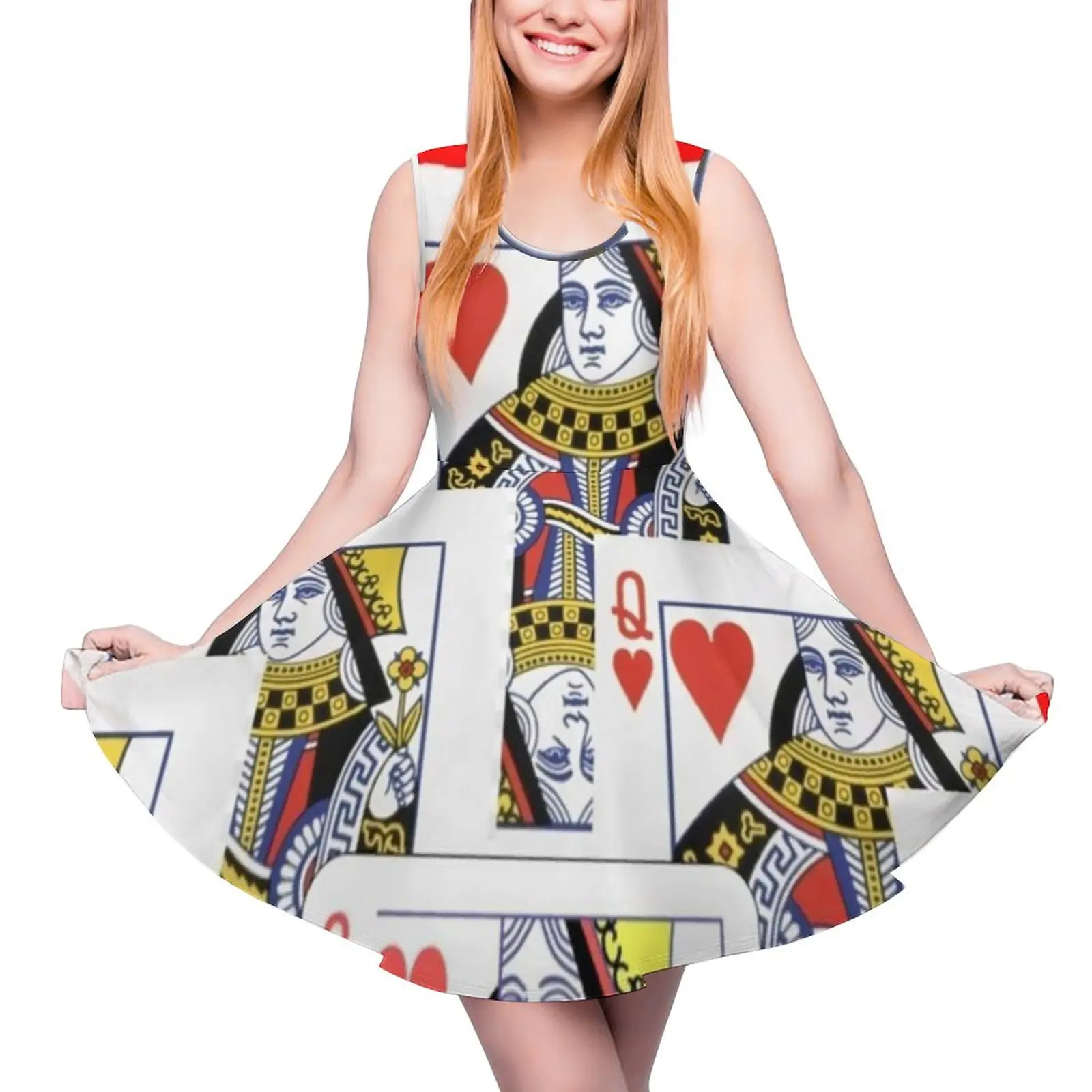 Poker Cards Dress High Waist Red Queen Heart Aesthetic Dresses Summer Womens Oversize Boho Graphic Skate Dress