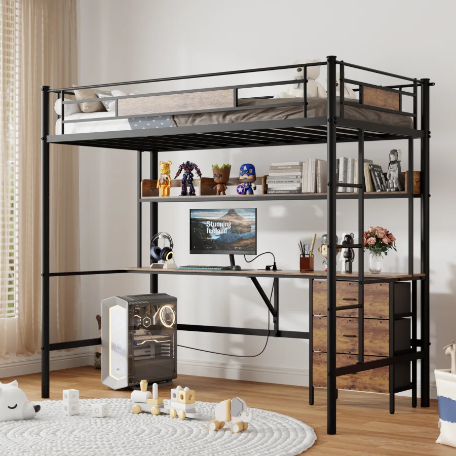 Loft Bed Twin Size with L-Shaped Desk, Charging Station, Twin Metal Loft Bed Frame with Fabric Drawers and Shelve, Safety Guard