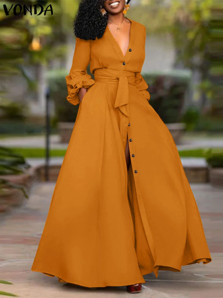 

Plus Size 5XL VONDA Elegant Deep V-Neck Party Dress 2024 Women Belt Long Lantern Sleeve Sundress Oversized Vestidos Casual Robe