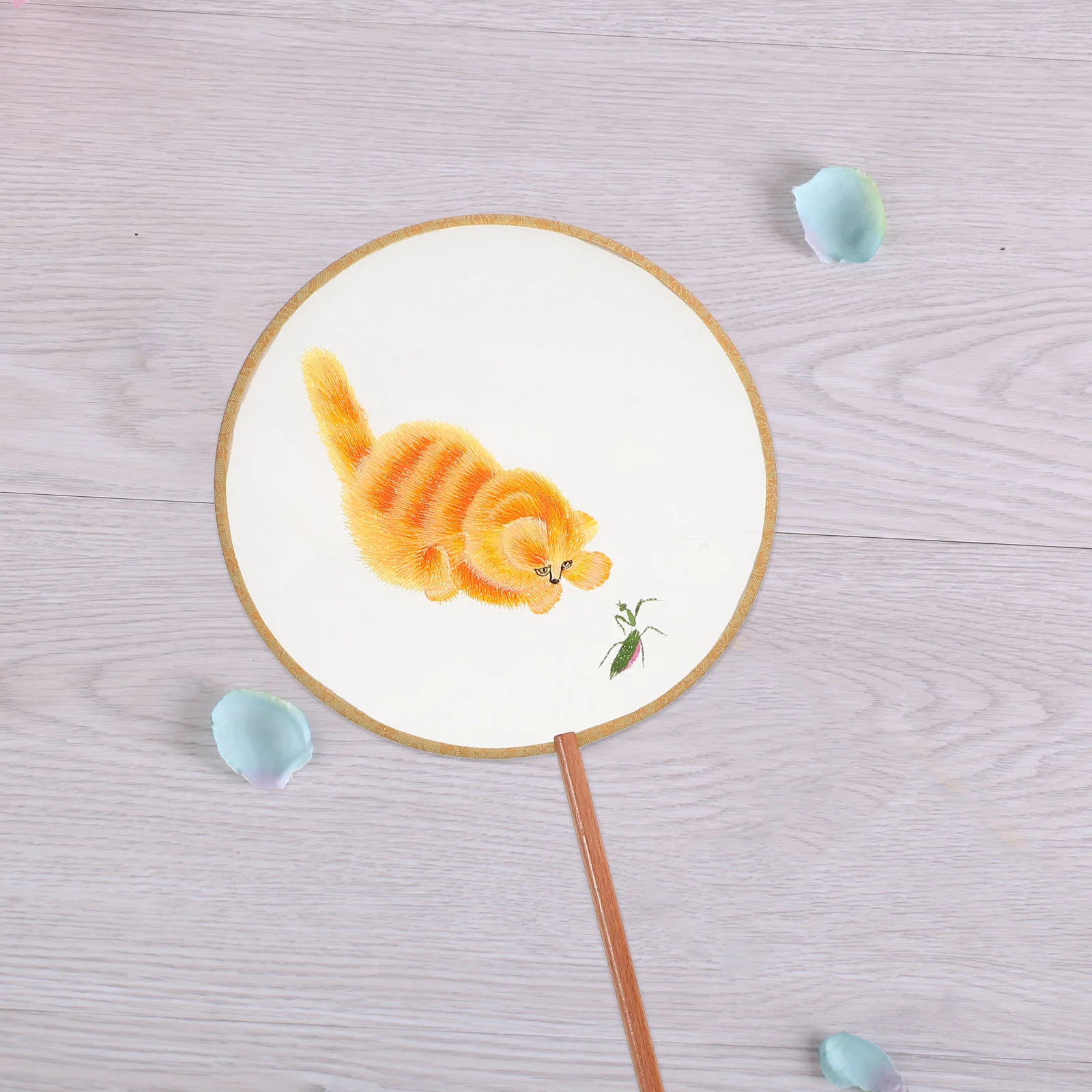 Éventail Rond Brodé Double Face, brevà Manivelle, Style Chinois, Imprimé Chat