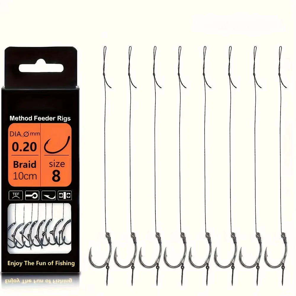 8 peças, equipamento de pesca alimentador de método, linha trançada de 4 polegadas, chumbada de chumbo, gancho farpado com ilhó, vários tamanhos #   6、 #   8、 #   10、 #   12, perfeito para pesca de carpa