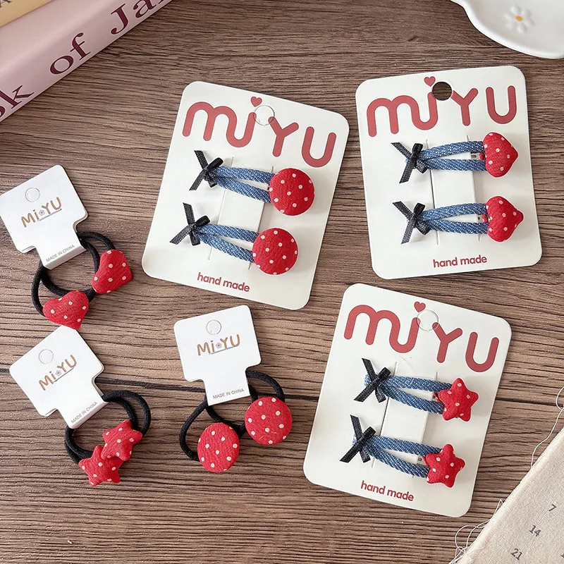 

2 шт., красные завязки для волос в горошек, эластичные ленты для волос, джинсовая детская челка, боковой зажим для девочек, детские заколки с бантом, аксессуары для волос