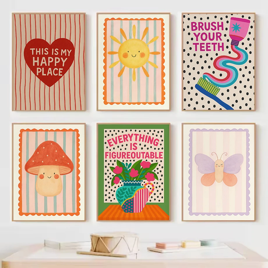 Retro Cartoon Nursery Smiling Sun Cute Raindrop Flower Motivational Quotes Poster Canvas Painting Wall Pictures Home Decor