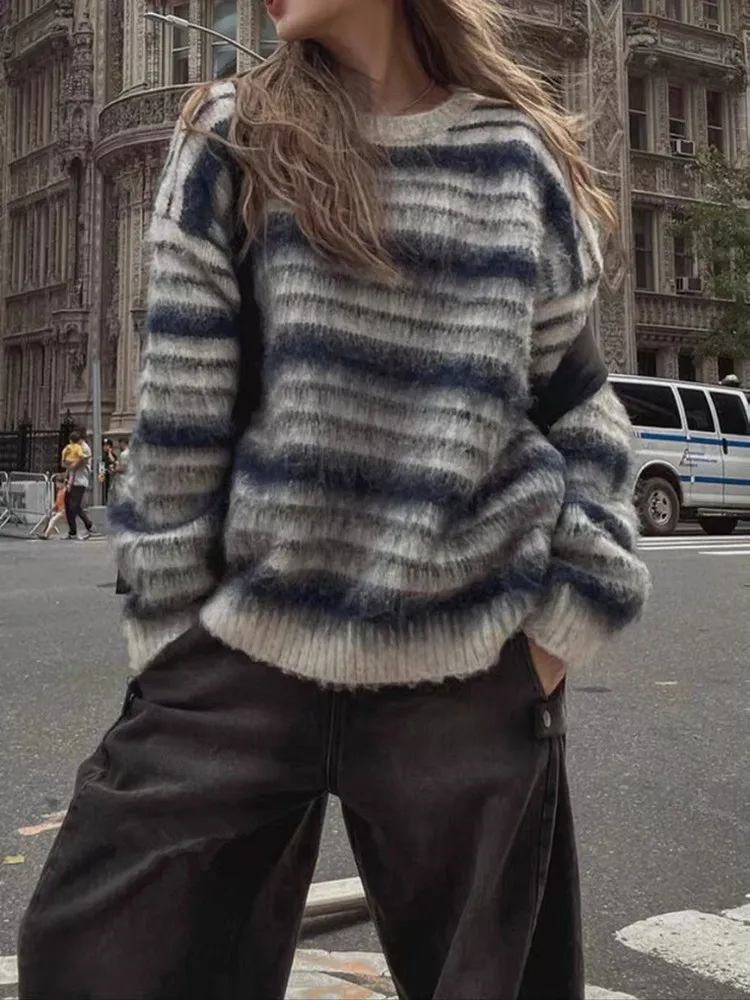 

Кашемировый свитер с круглым вырезом, контрастный полосатый пуловер с начесом, женская свободная кашемировая рубашка с начесом