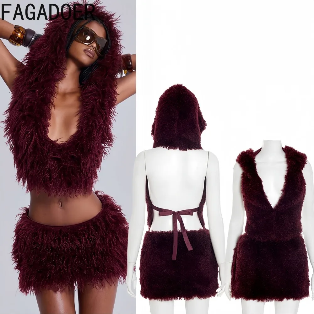 

FAGADOER Y2k Sexy 2 Pieces Set for Woman Fur Patchwork Halter Low-Neck Sleeveless Backless Crop Top and Skirt Female Streetwear