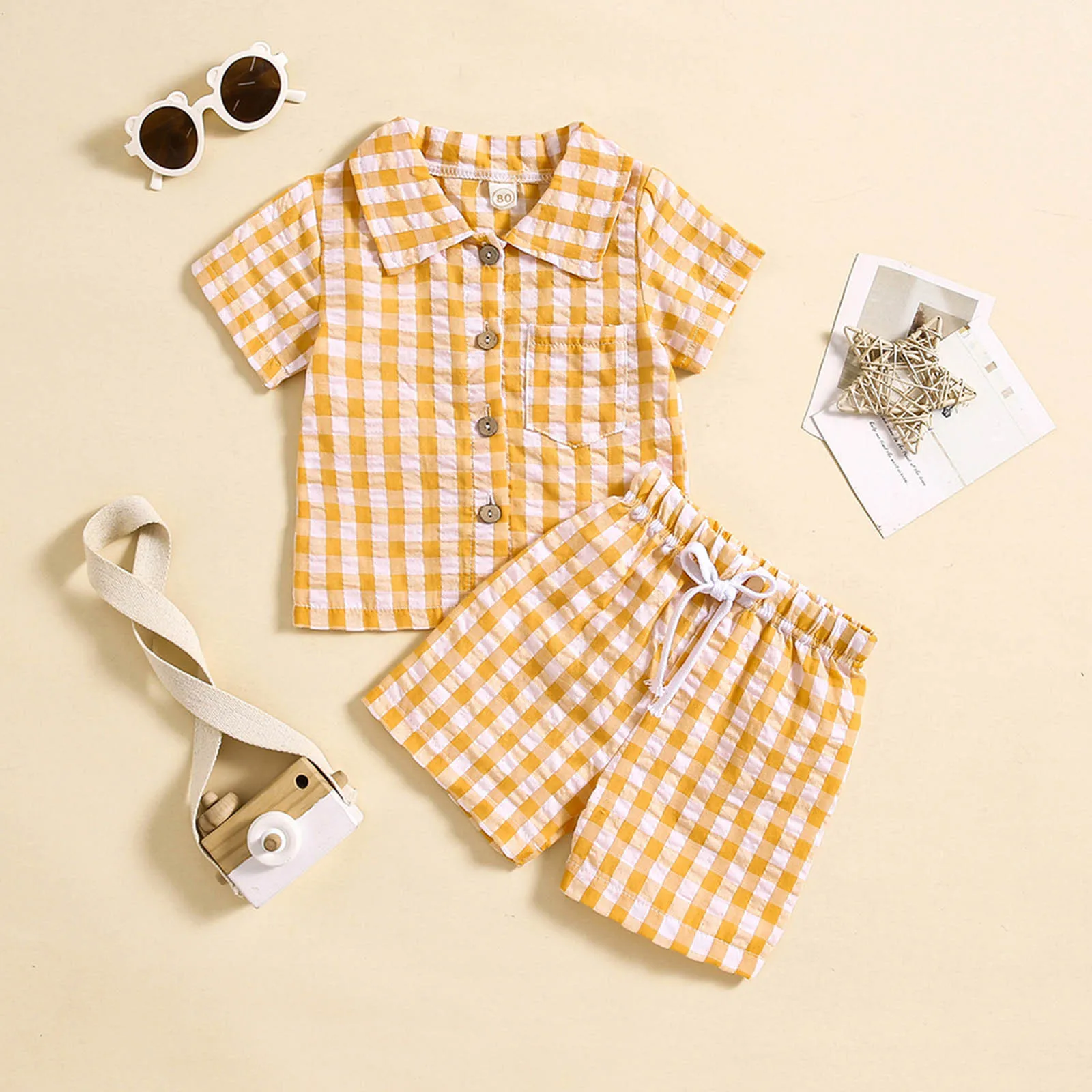 

2pcs Summer Baby Boys Girls Clothes Sets Pajamas Sets Plaid Print Short Sleeve Single Breasted Shirts+Shorts Toddler Outfits